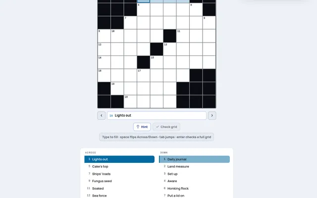 Encore crossword on mindloftdaily.com: an empty 9x9 grid with numbered squares and black blocks, the clue 1A Lights out, and the Across and Down clue lists