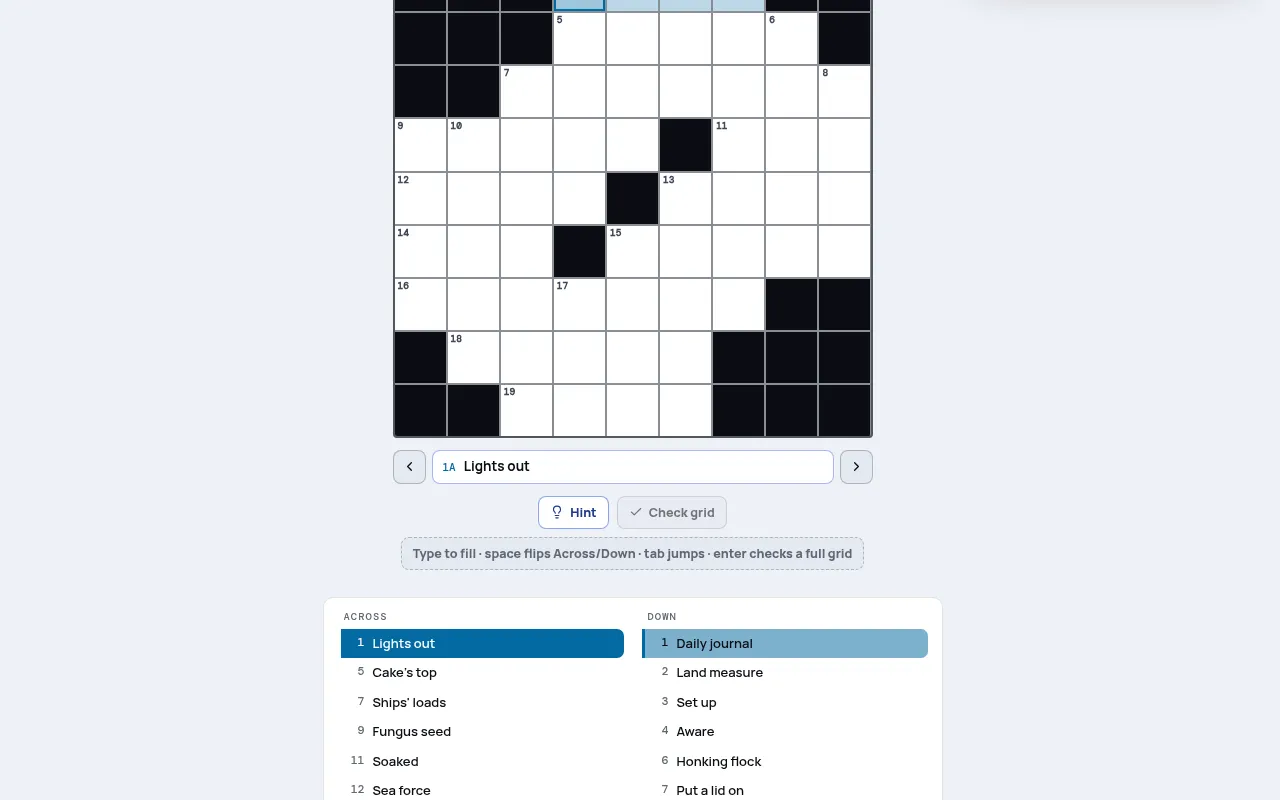 Encore crossword on mindloftdaily.com: an empty 9x9 grid with numbered squares and black blocks, the clue 1A Lights out, and the Across and Down clue lists