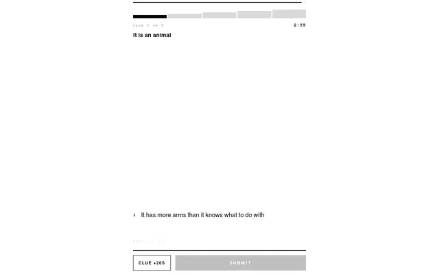 Guess·5 in play: clue 1 of 5 with the category line and the first clue, a countdown timer, a What is it? answer line and Clue +20s and Submit buttons