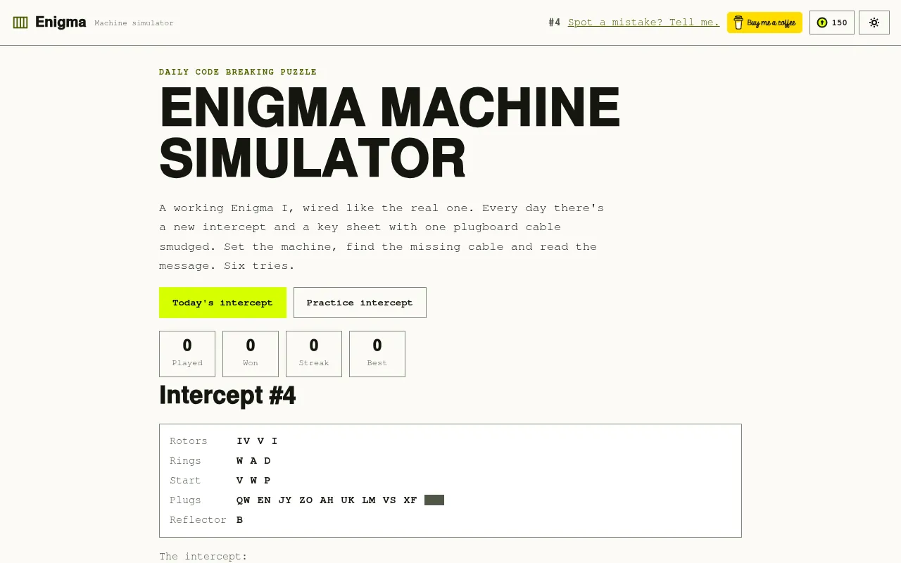 Enigma Machine Simulator Intercept #4: the key sheet with rotors IV V I, rings, start letters and plugboard pairs, the last cable smudged out