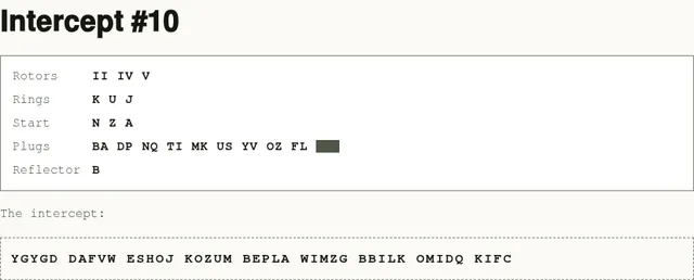 Enigma Machine Simulator Intercept #10 of 23 October 2026: key sheet with rotors II IV V, rings K U J, start N Z A, nine plugboard pairs and one smudged, above the ciphertext