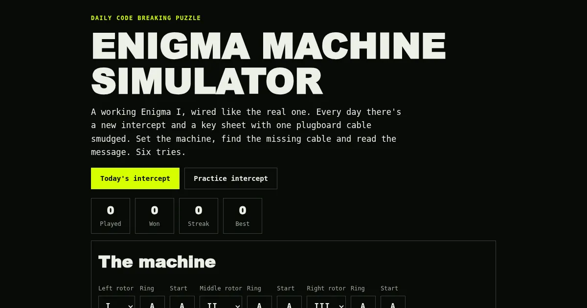 Enigma Machine Simulator's start screen with the Today's intercept and Practice intercept buttons, the stats boxes and the rotor settings of the machine