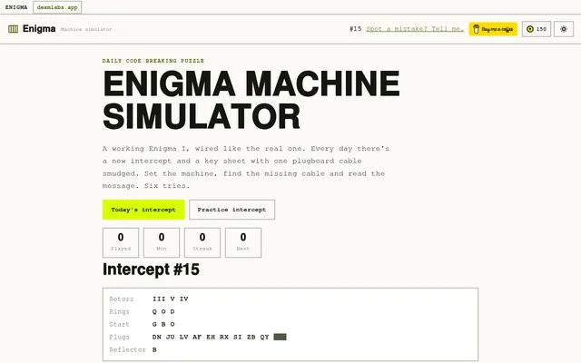 Enigma Machine Simulator Intercept #15 of 28 October 2026: key sheet with rotors III V IV, rings Q O D, start G B O, nine plugboard pairs and one smudged, reflector B