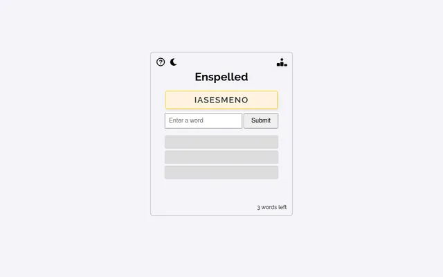 Enspelled board with the day's letter string IASESMENO, a word entry box with Submit, and three empty word slots with 3 words left