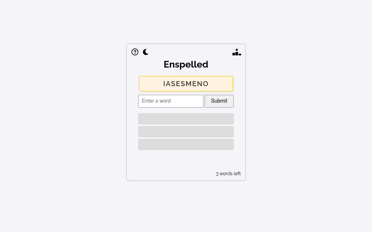 Enspelled board with the day's letter string IASESMENO, a word entry box with Submit, and three empty word slots with 3 words left