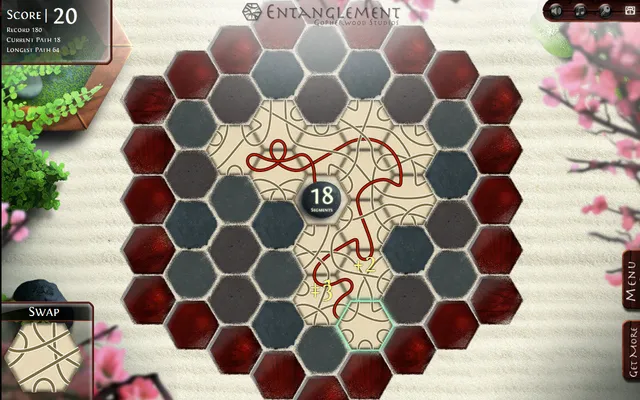 An Entanglement board of hexagonal tiles with a red path winding from the central stone, score 20 and a swap tile