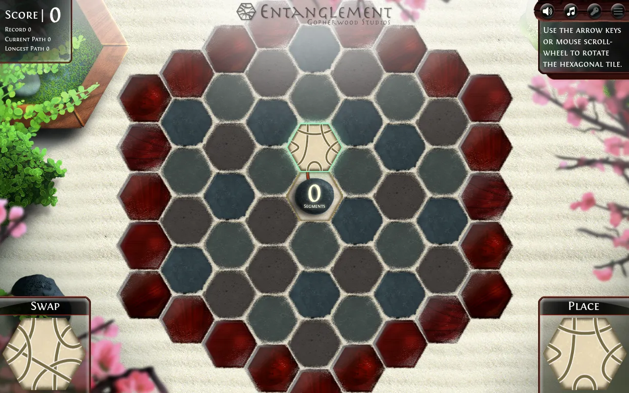 The Entanglement web build at the start of a Classic game: an empty hex board around the centre stone, with the Swap and Place tiles at the bottom