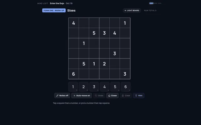 Enter the Dojo's first form, a 6x6 Sixes sudoku grid with its number pad, Notes, Undo, Erase and Hint buttons