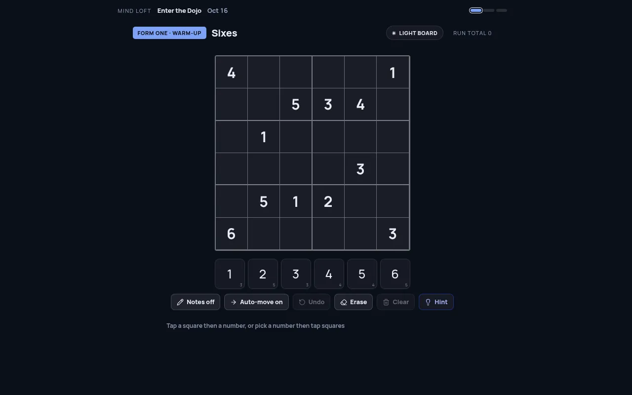 Enter the Dojo's first form, a 6x6 Sixes sudoku grid with its number pad, Notes, Undo, Erase and Hint buttons