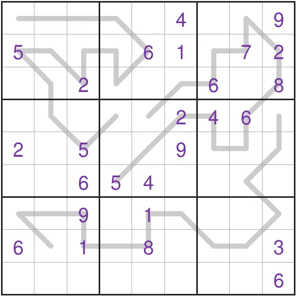 The Medium Entropic Line Sudoku for 28 October 2026 on PuzzleMadness: a 9x9 grid with purple givens and three long grey entropic lines winding through it