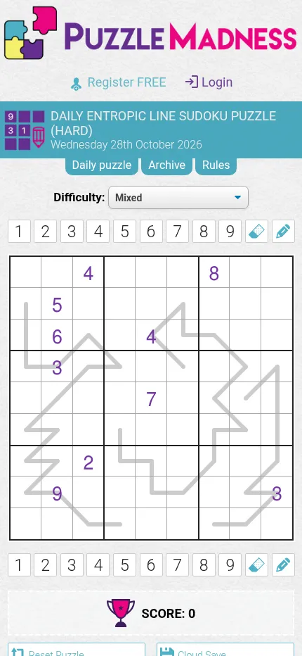 The Mixed Entropic Line Sudoku for 28 October 2026 at phone size, labelled Hard, with its own givens and lines and the number buttons above and below the grid