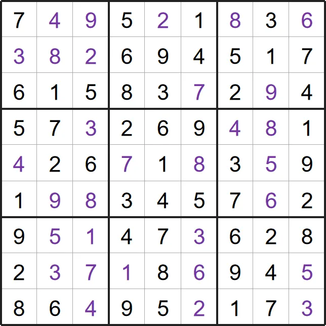 A solved example Entropy Sudoku from PuzzleMadness's rules: a full 9x9 grid in which every 2x2 square holds a low, a medium and a high digit