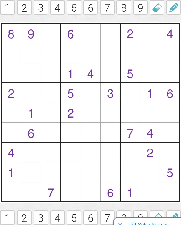 Today's Medium Entropy Sudoku on PuzzleMadness for 3 October 2026: a plain 9x9 grid with purple given digits between rows of number buttons