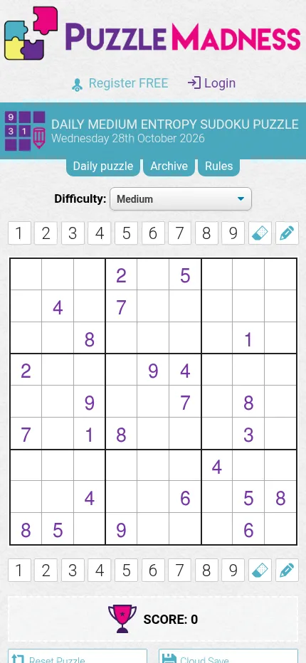 Today's Medium Entropy Sudoku on a phone, 28 October 2026: the 9x9 grid between two rows of number buttons, with the difficulty menu above