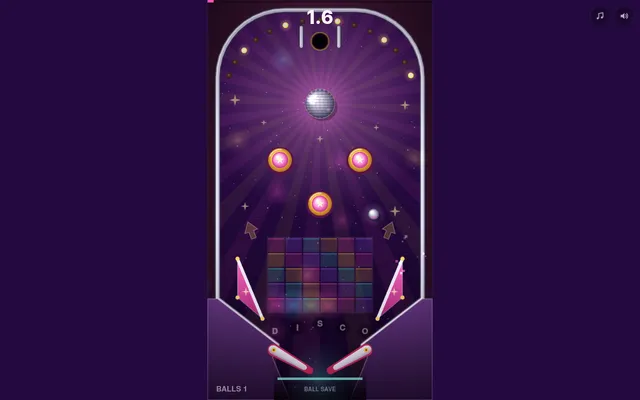 ephemeral's Disco Pinball game of 18 October 2026 in play: a disco-ball pinball table with star bumpers, two flippers and the run timer at the top