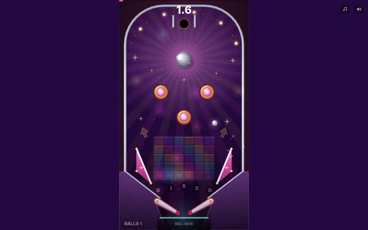 ephemeral's Disco Pinball game of 18 October 2026 in play: a disco-ball pinball table with star bumpers, two flippers and the run timer at the top
