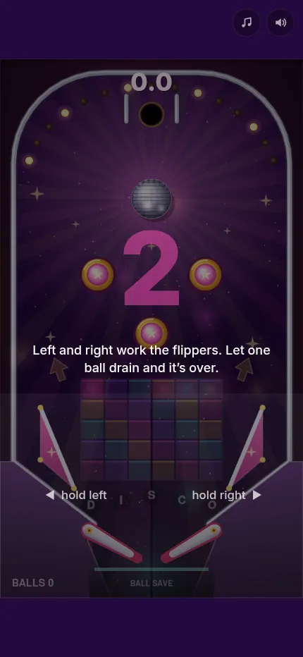Disco Pinball on a phone: the pinball table under the countdown, with hold left and hold right marking the two flipper controls