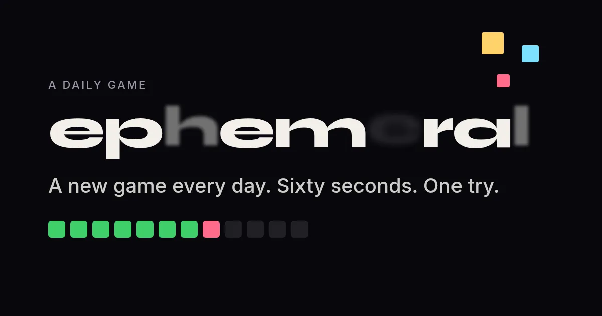 ephemeral title card: 'A new game every day. Sixty seconds. One try.' above a row of result squares