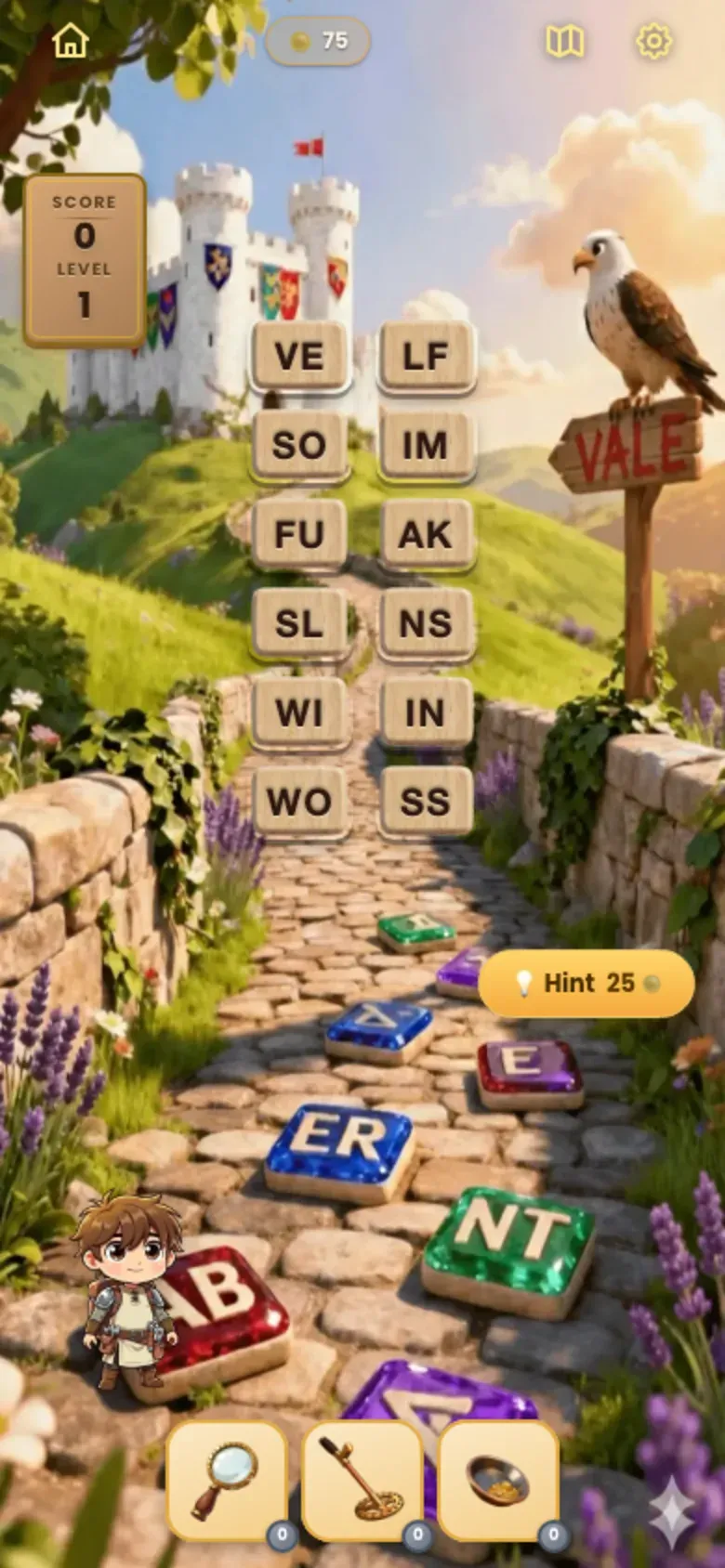 An Epic Words round in Kingdom 1: twelve wooden tiles VE SO FU SL WI WO and LF IM AK NS IN SS on a road toward a castle, with a Hint button and three tools