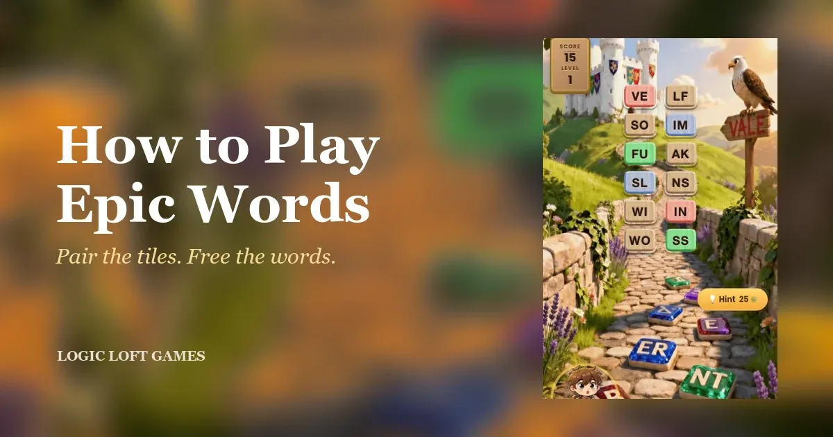 Epic Words how-to-play card: a board of twelve two-letter tiles such as VE, LF, SO, IM in two columns before a castle, beside the words How to Play Epic Words