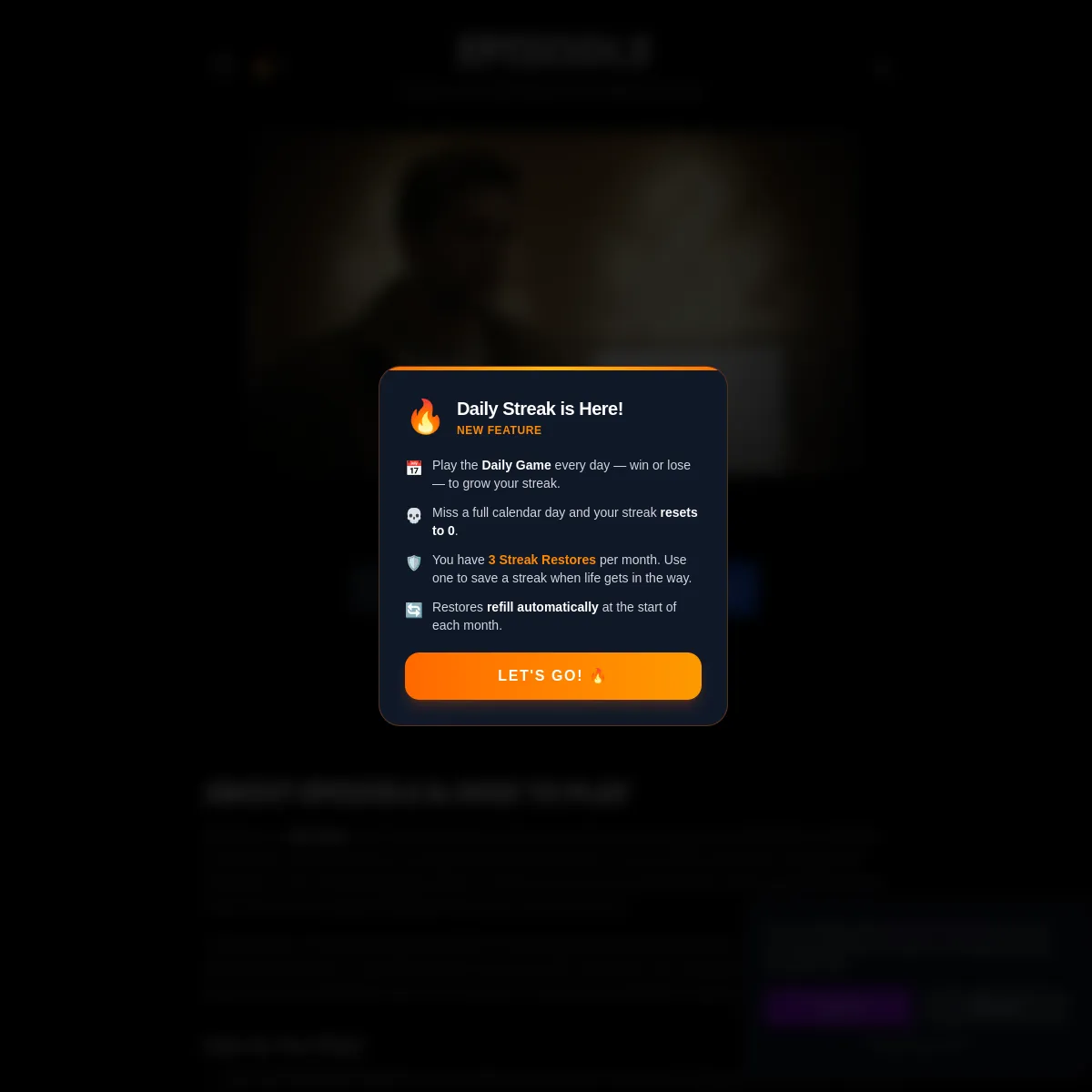 Episodle home page showing an episode still behind a Daily Streak feature panel that explains playing each day builds a streak, missing a day resets it, and three monthly streak restores are available