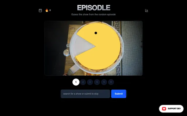 Episodle's daily puzzle: the first still from a TV episode, a pizza with a yellow Pac-Man shape on it, above guess markers 1 to 6 and the show search box
