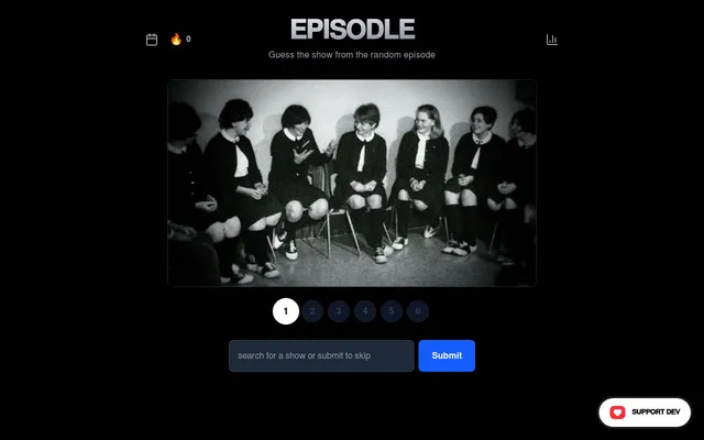 Episodle's daily puzzle on a desktop: today's first black and white episode frame of schoolgirls in uniform, guess markers 1 to 6 and the show search box