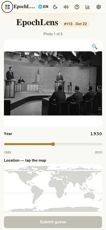 EpochLens #113 at phone size: the day's first photo of a 1960 TV debate studio, the year slider and the world map to tap, above the Submit guess button