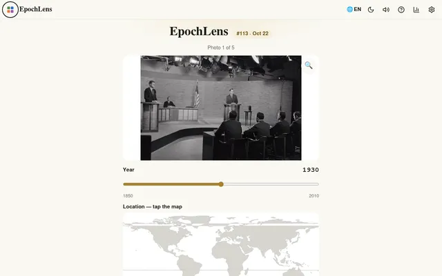 EpochLens #113 on Zalize for October 22: photo 1 of 5, a black and white 1960 TV debate studio, with the year slider from 1850 to 2010 and the world map below