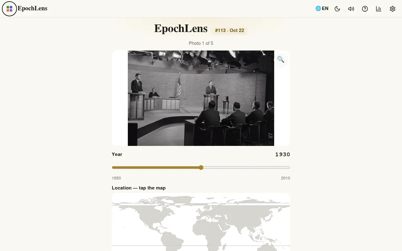 EpochLens #113 on Zalize for October 22: photo 1 of 5, a black and white 1960 TV debate studio, with the year slider from 1850 to 2010 and the world map below