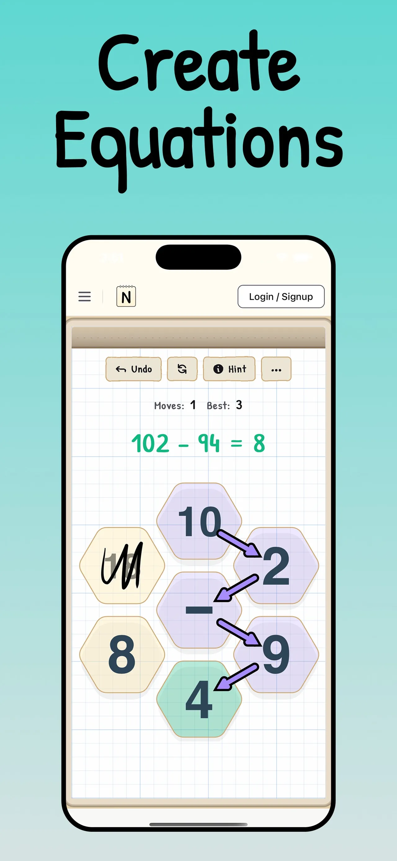 Equatara on a phone: the equation 102 - 94 = 8 traced across a seven-cell hex board