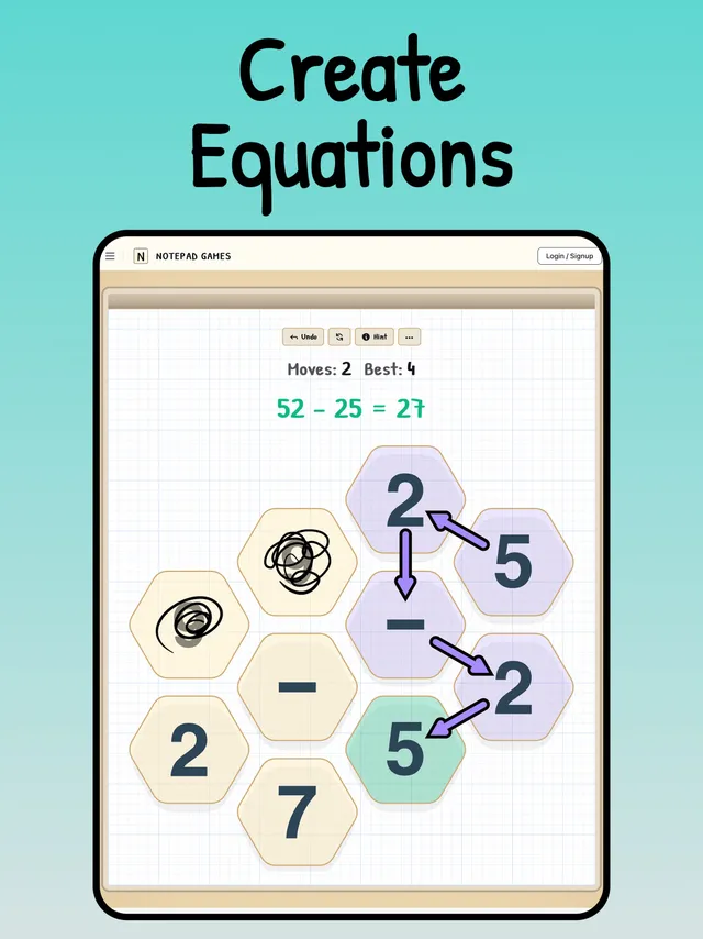 An Equatara board on Notepad Games: hex cells of digits and minus signs, with the path 52 - 25 = 27 drawn across them