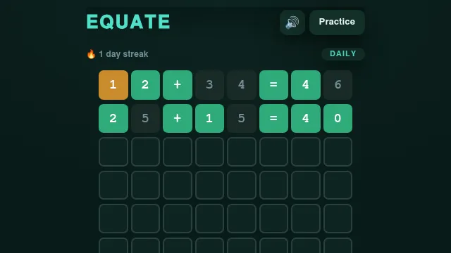 The Equate daily board for 28 October 2026 with two guesses, 12+34=46 and then 25+15=40, scored in green, yellow and grey tiles