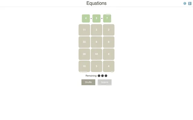 The 20 October 2026 Equations board on desktop: 4 + 3 = 7 solved in green above twelve number tiles, three mistakes left, Shuffle and Submit buttons