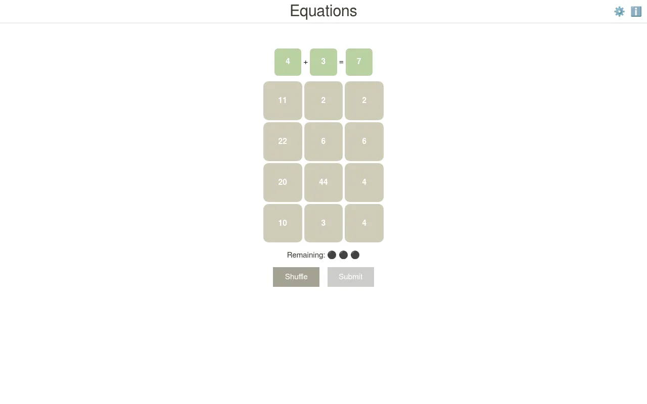 The 20 October 2026 Equations board on desktop: 4 + 3 = 7 solved in green above twelve number tiles, three mistakes left, Shuffle and Submit buttons