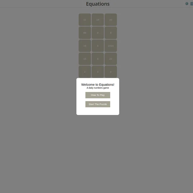Equations start screen: a grid of numbers behind the Welcome to Equations panel with How To Play and Start The Puzzle buttons