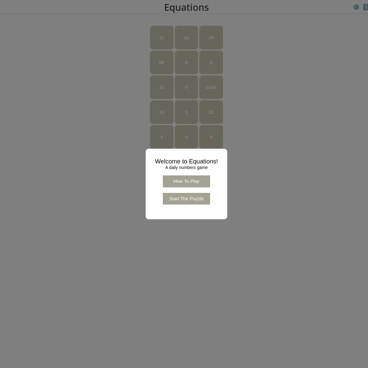 Equations start screen: a grid of numbers behind the Welcome to Equations panel with How To Play and Start The Puzzle buttons