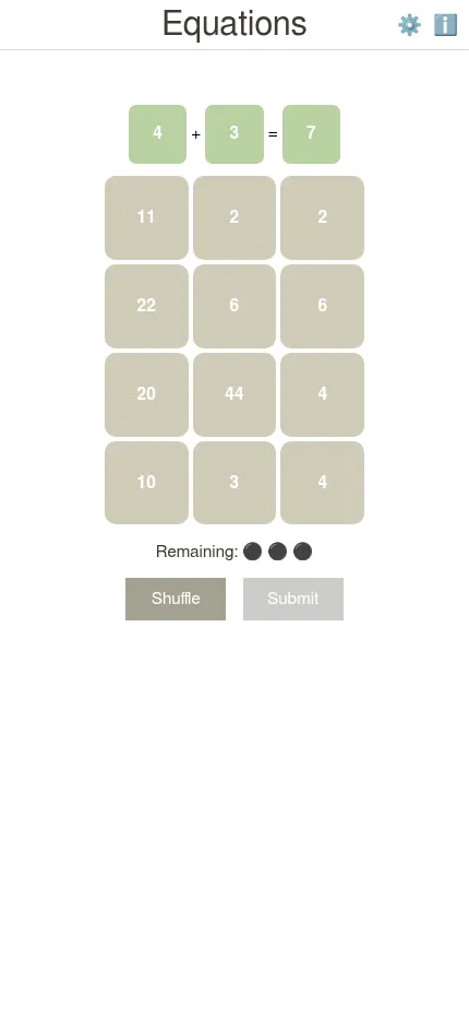 Equations at phone size: the day's board with 4 + 3 = 7 found and twelve number tiles still to group