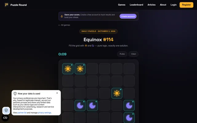 Equinox #114 on Puzzle Round for October 3, 2026: a 6x6 grid with locked starting suns and moons, a timer and Rules and Clear buttons