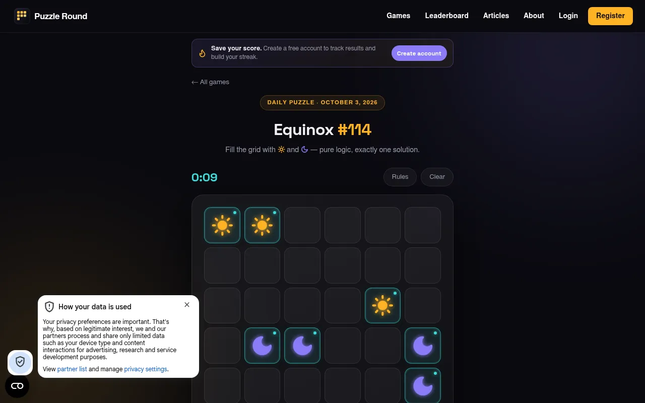 Equinox #114 on Puzzle Round for October 3, 2026: a 6x6 grid with locked starting suns and moons, a timer and Rules and Clear buttons