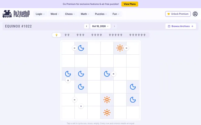 Equinox #1022 for Oct 18, 2026 on desktop: the very easy 6x6 grid with blue moons, orange suns and equals and cross markers between cells
