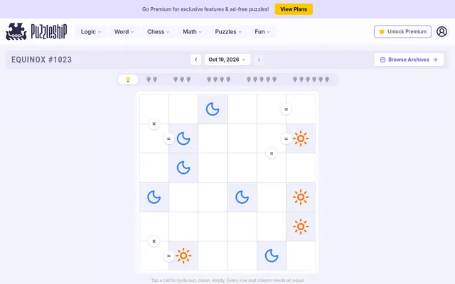 Equinox #1023 for Oct 19, 2026 on desktop: the very easy 6x6 grid with blue moons, orange suns and equals and cross markers between cells, the six level tabs above it