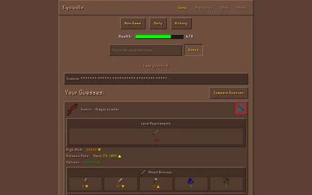 Today's Equipdle daily at 6/8 health after two guesses: Dragon scimitar's level requirement, high alch, release date and attack bonuses marked against the hidden item with arrows