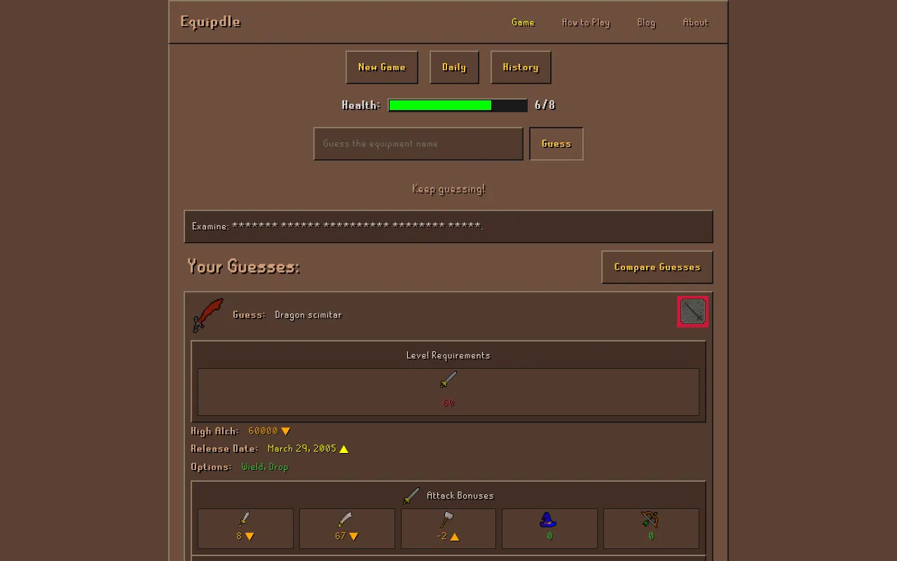 Today's Equipdle daily at 6/8 health after two guesses: Dragon scimitar's level requirement, high alch, release date and attack bonuses marked against the hidden item with arrows