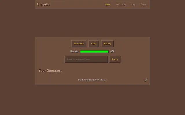 Equipdle daily game before the first guess: New Game, Daily and History buttons, a full 8/8 health bar, a box to guess the equipment name and the countdown to the next daily game