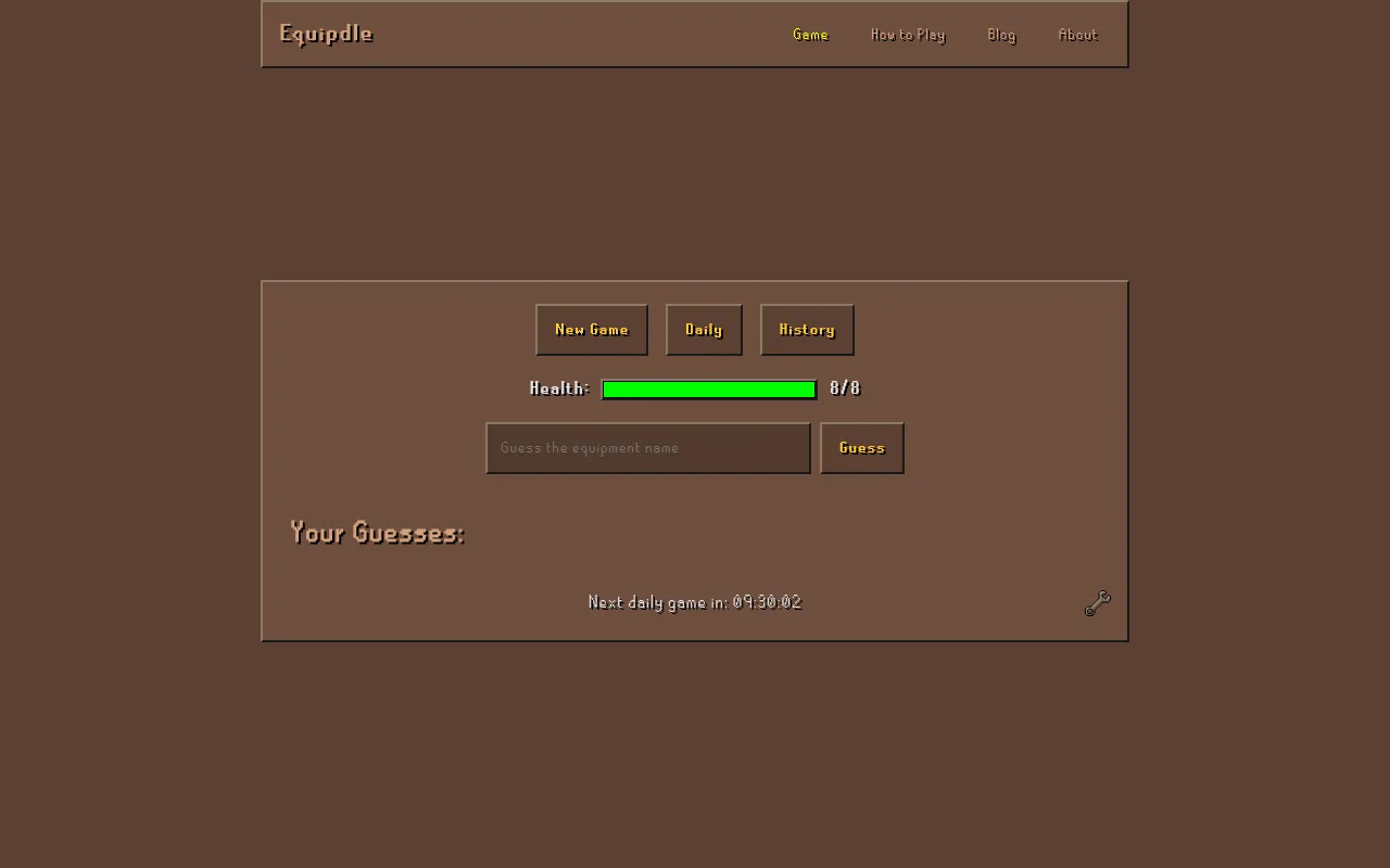 Equipdle daily game before the first guess: New Game, Daily and History buttons, a full 8/8 health bar, a box to guess the equipment name and the countdown to the next daily game