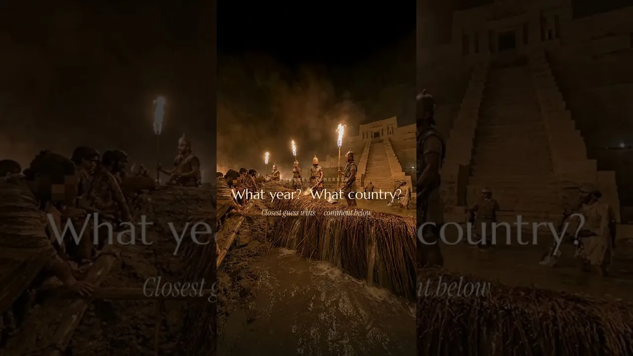 An EraGuessr scene from the maker's YouTube short: torch-lit soldiers by a stepped temple at night, captioned What year? What country?