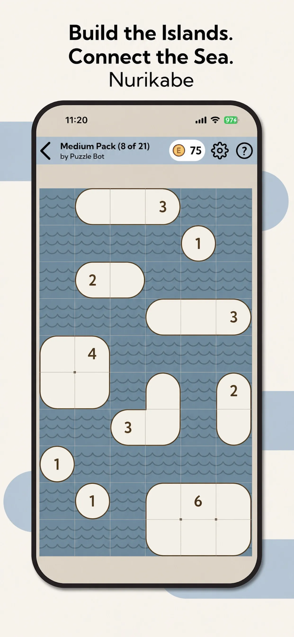 Nurikabe in Eric's Ultimate Puzzles: numbered islands growing across a sea grid