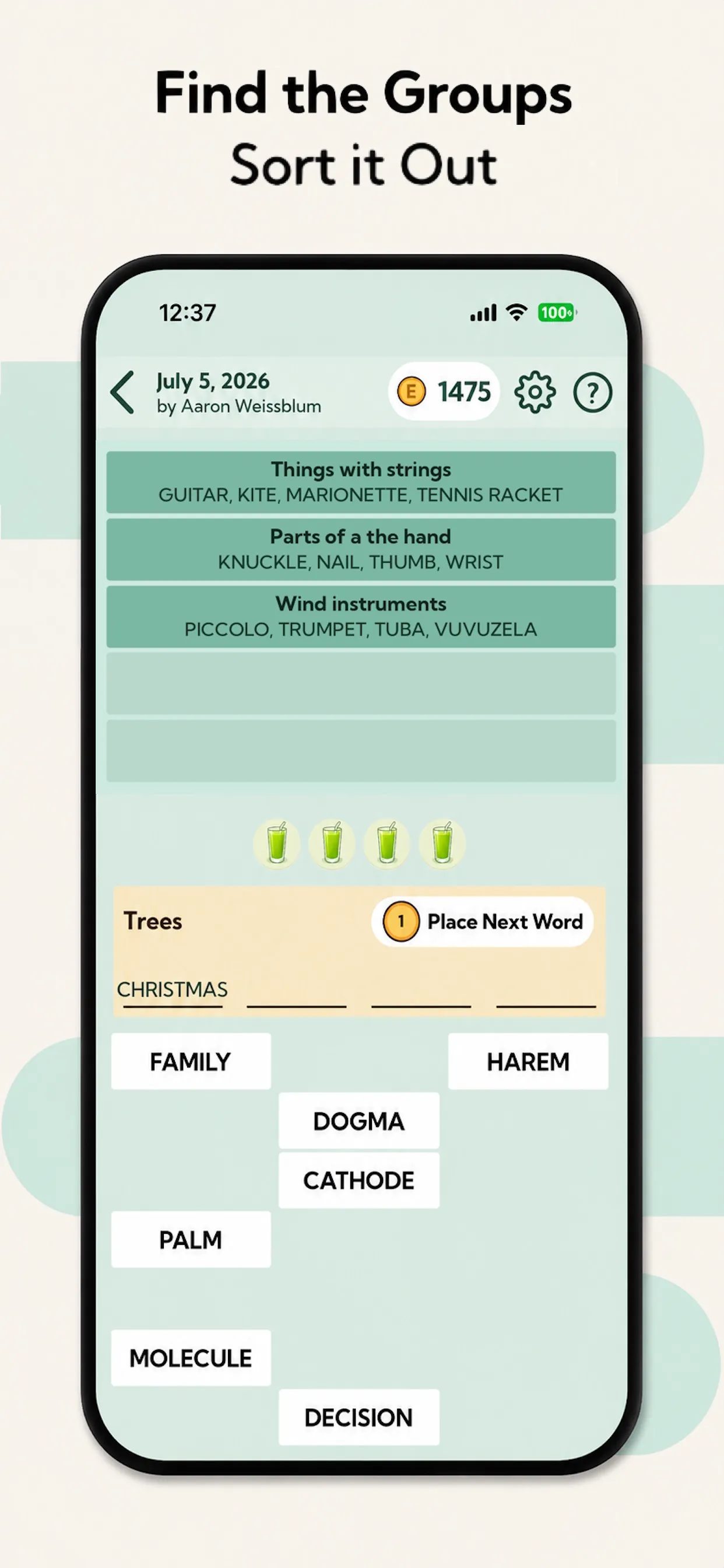 Sort it Out in Eric's Ultimate Puzzles: the July 5, 2026 puzzle by Aaron Weissblum with groups such as Parts of a hand and Wind instruments found and words left to sort