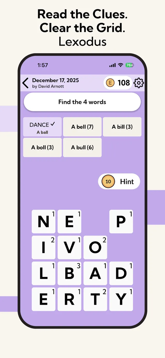 Eric's Ultimate Puzzles, Lexodus: the December 17, 2025 puzzle by David Arnott, clues such as Dance, A ball, A bell above a grid of letter tiles to clear